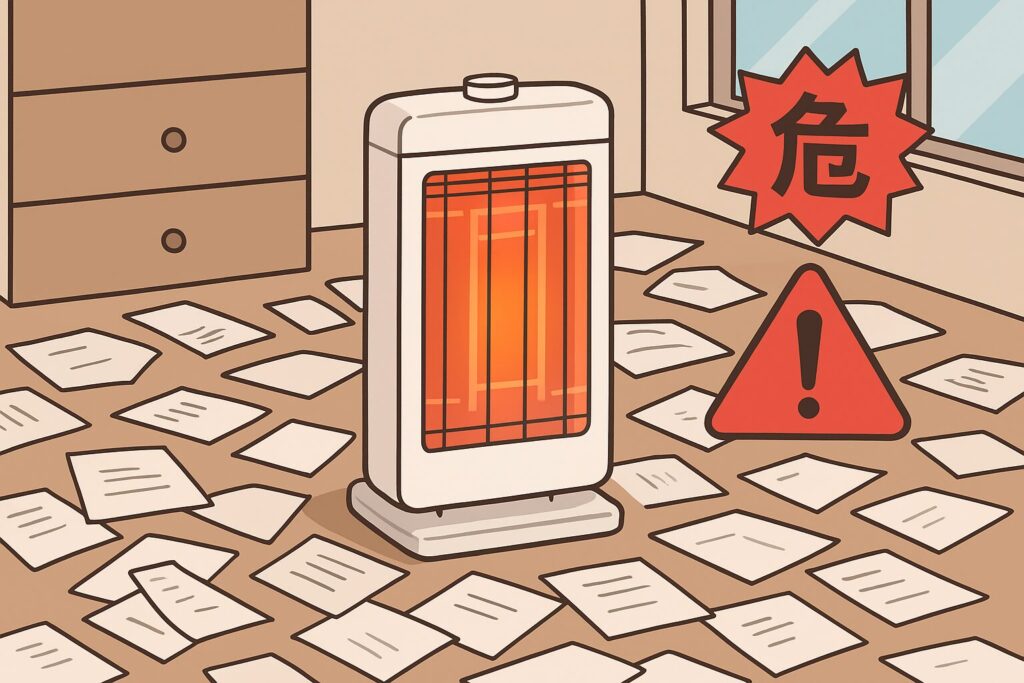 床一面に散らばった紙の中に置かれた電気ストーブと、危険を知らせる印