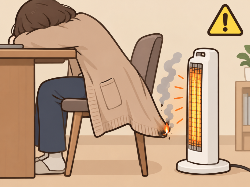 机でうたた寝していると、机の下の電気ストーブの熱で服から煙が上がり、火がつく