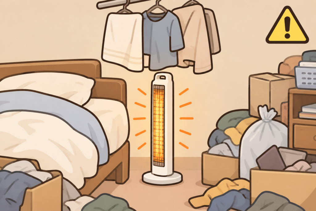 モノがあふれた部屋で、ベッドの真横に置かれ、上に洗濯物が吊るされた電気ストーブ